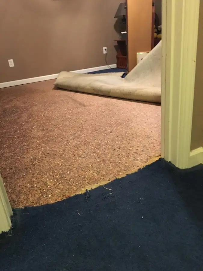 Carpet pad removal revealing water damage during Water Mitigation Services in Emmett